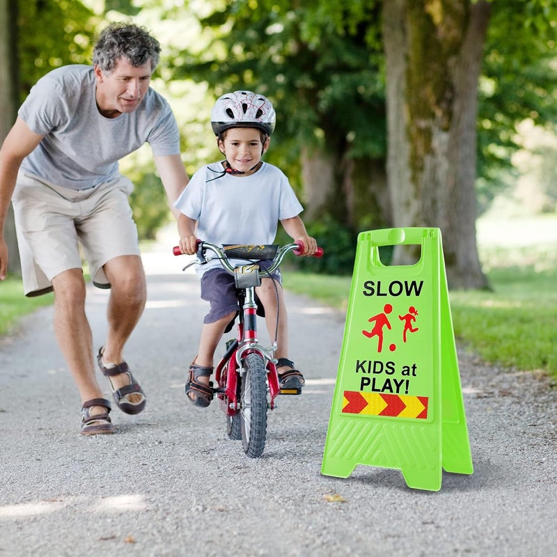 StrLon Slow Kids at Play Signs for Street, Double-Sided Text and Graphics with Reflective Tape, Children at Play Safety Sign for Neighborhoods Schools Park Sidewalk Driveway (2-Pack Green) - Image 4